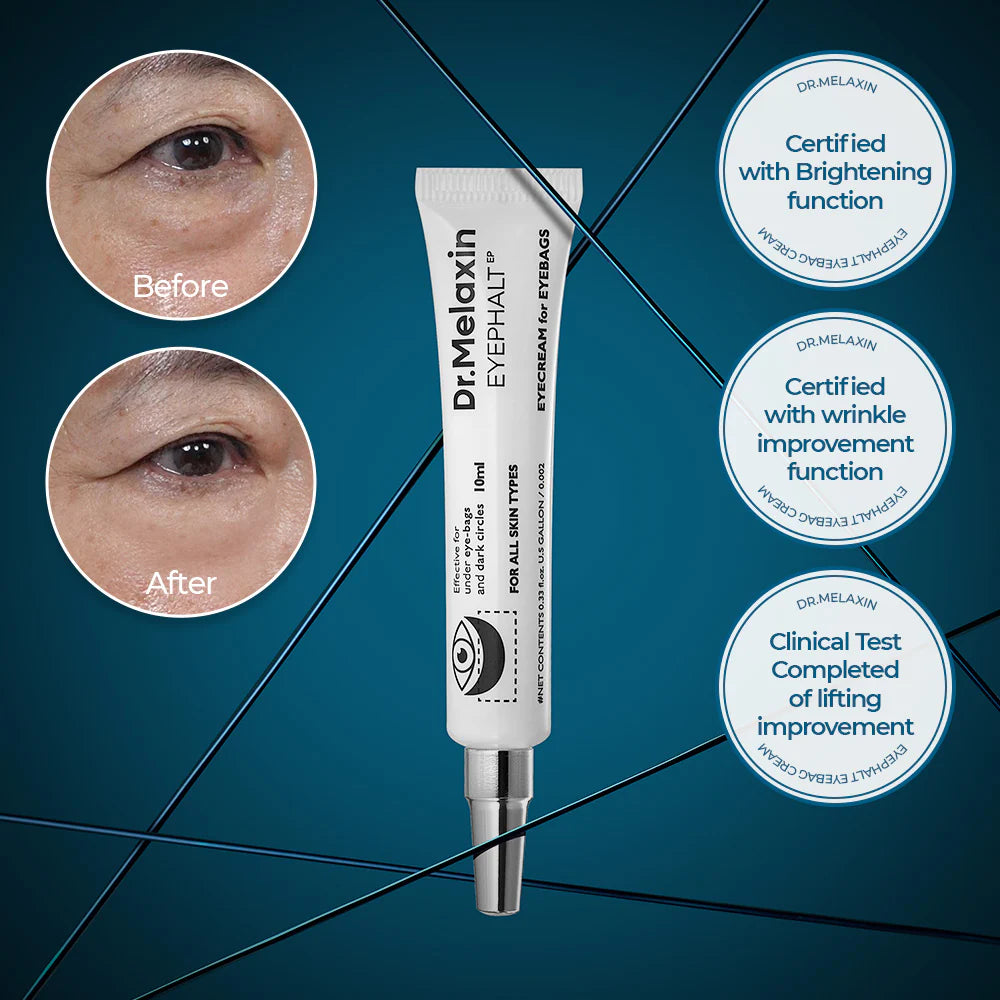 10ml tube of Dr. Melaxin Eyephalt Eyecream, targeting eyebags for a refreshed and youthful look.