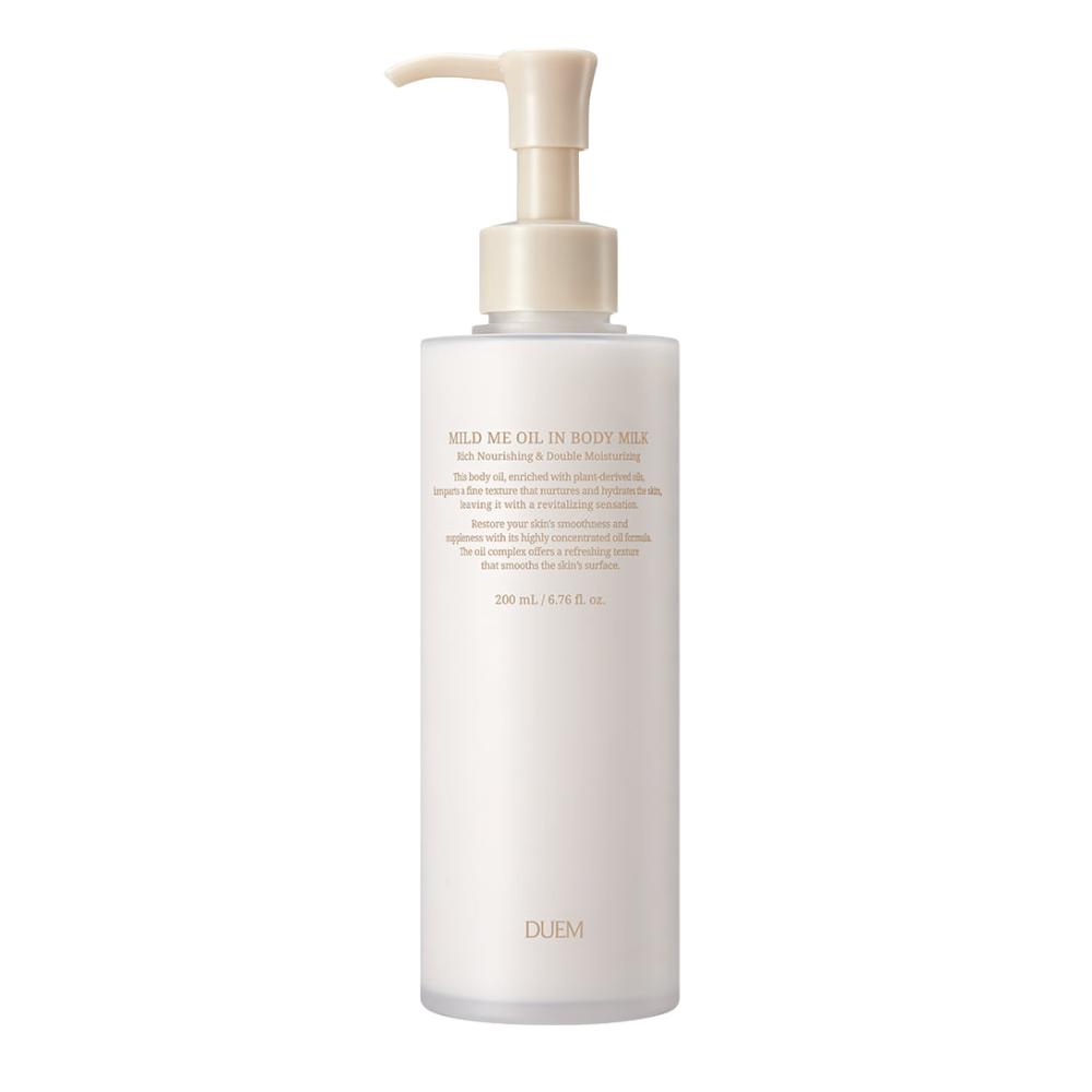 Duem Mild Me Oil in Body Milk 200ml bottle, designed for moisturizing and nourishing the skin with a gentle formula.