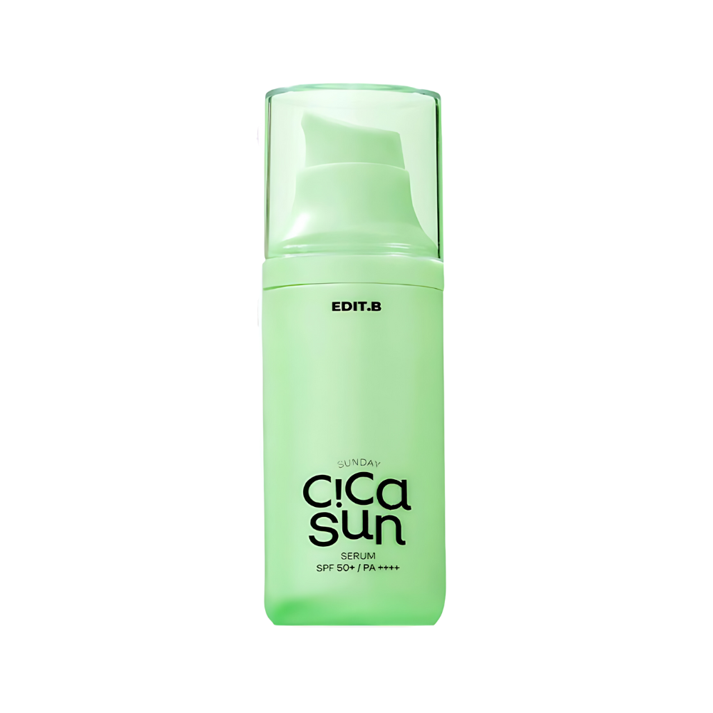 A 55ml bottle of EDIT.B Sunday Cica Sun Serum SPF50+ PA++++, designed for effective sun protection and skin nourishment.