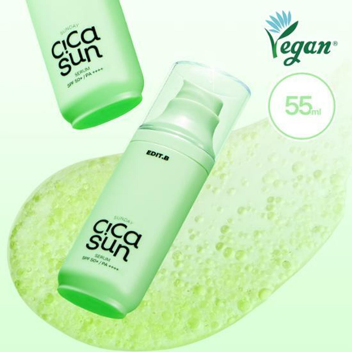 A 55ml container of EDIT.B Sunday Cica Sun Serum SPF50+ PA++++, providing advanced sun defense and skin care properties.