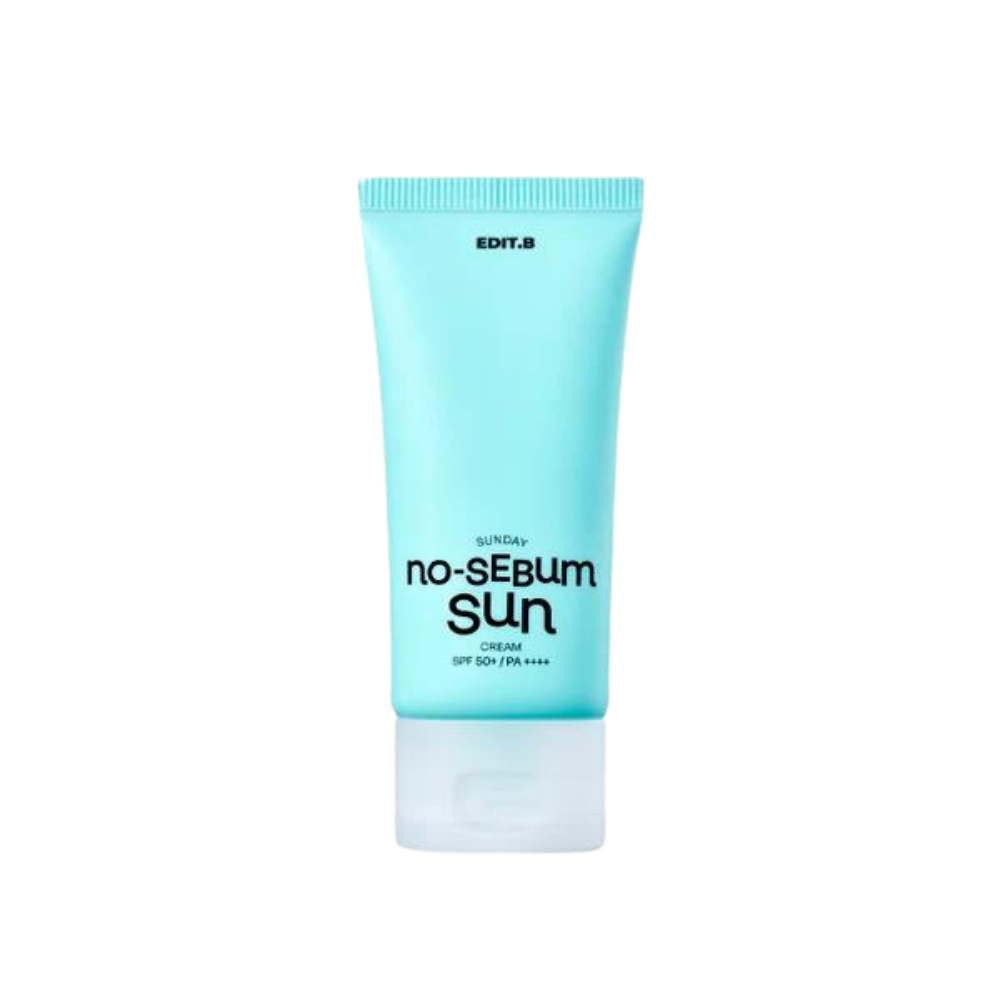 A 50ml tube of EDIT.B Sunday No-Sebum Sun Cream SPF50+ PA++++, designed for effective sun protection and oil control.