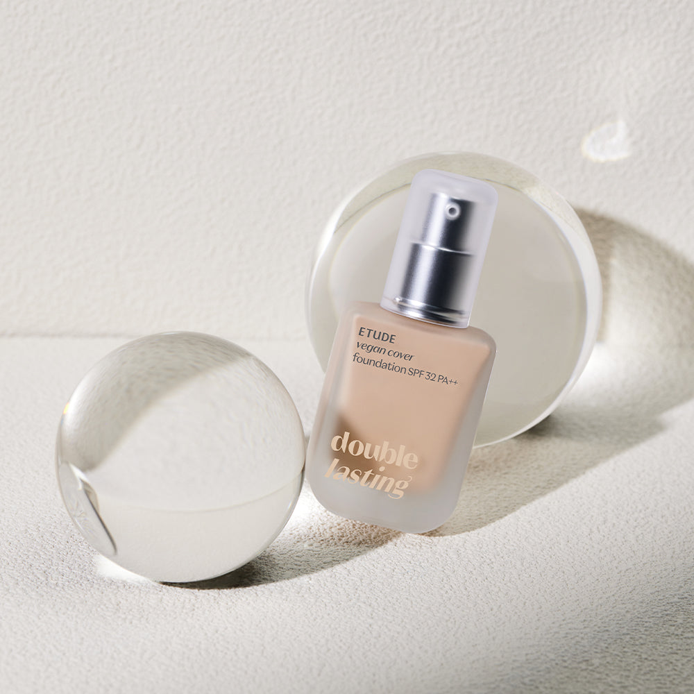 ETUDE Double Lasting Vegan Cover Foundation in a 30g bottle, offering smooth, long-lasting coverage for a flawless look.