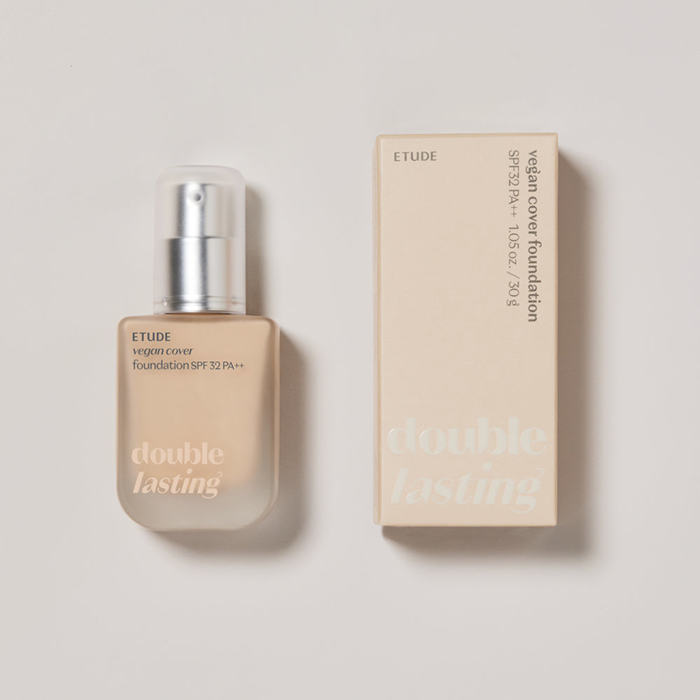 A 30g bottle of ETUDE Double Lasting Vegan Cover Foundation, perfect for achieving a natural, radiant complexion all day.