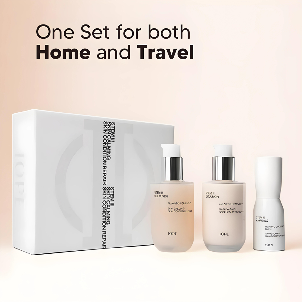 Skin care set with 3 bottles of IOPE Stem III Signature Set products.