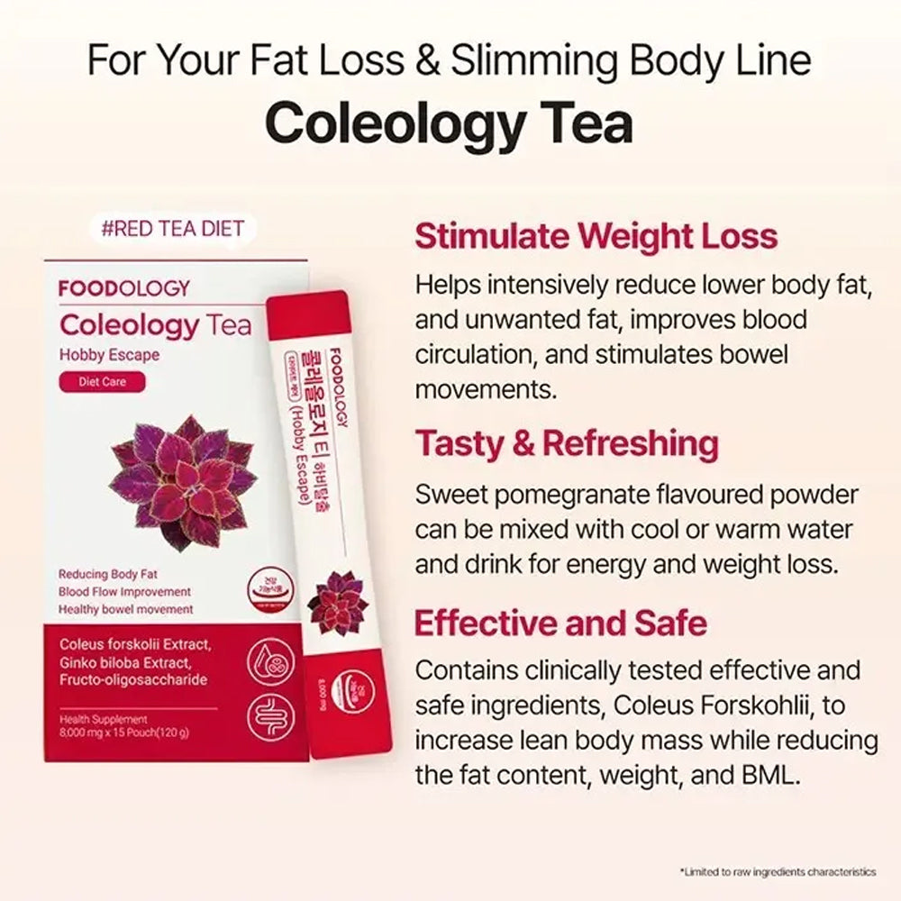 Coleology Tea with 8,000mg in 15 pouches, each pouch weighing 120g.