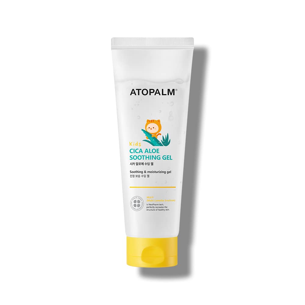 A 250ml bottle of Atopalm Kids Cica Aloe Soothing Gel, designed for children aged 4-10.