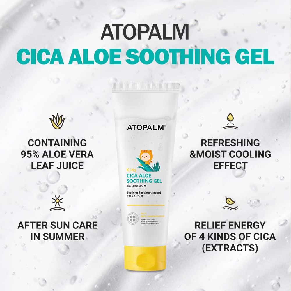 Atopalm Kids Cica Aloe Soothing Gel in a 250ml bottle, perfect for children aged 4-10.