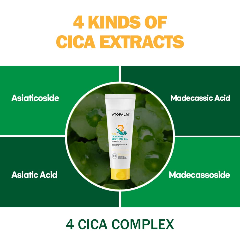 A soothing 250ml bottle of Atopalm Kids Cica Aloe Gel, ideal for children aged 4-10.
