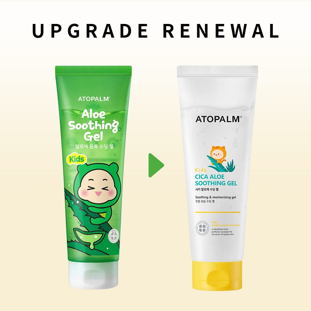 Atopalm Kids Cica Aloe Soothing Gel, 250ml, created for children aged 4-10 for gentle skin care.