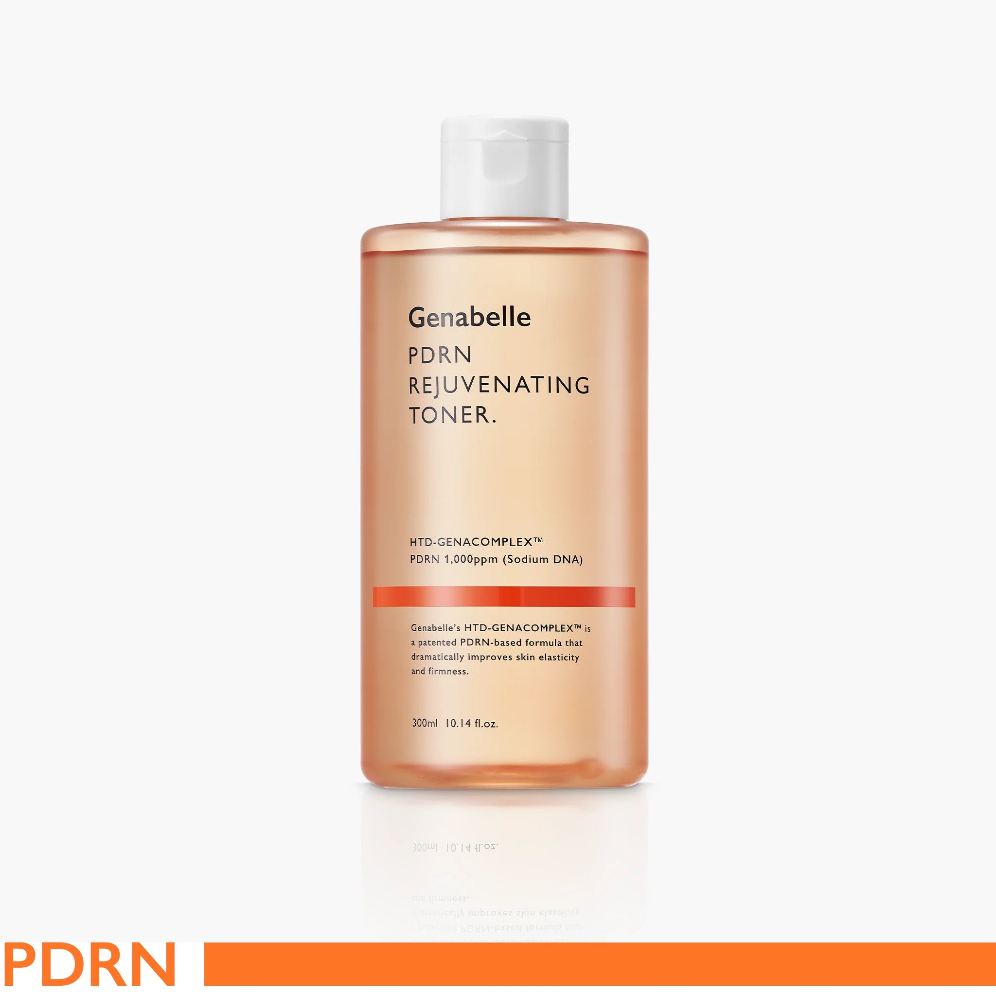 Genabelle PDRN Rejuvenating Toner 300ml: pink label, silver cap, skincare product.