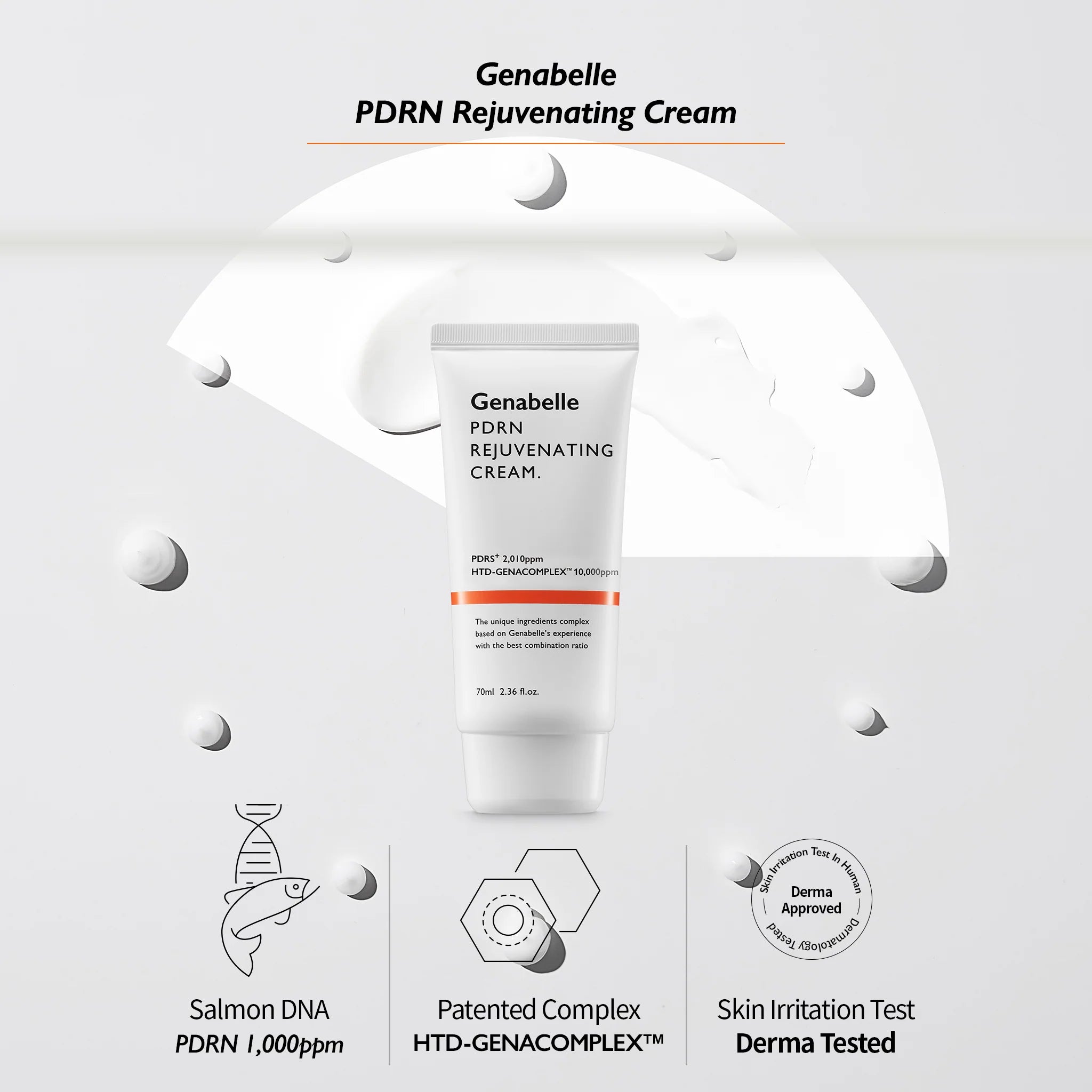 White and gold 70ml Genabelle PDRN Rejuvenating Cream, a luxurious skincare product.