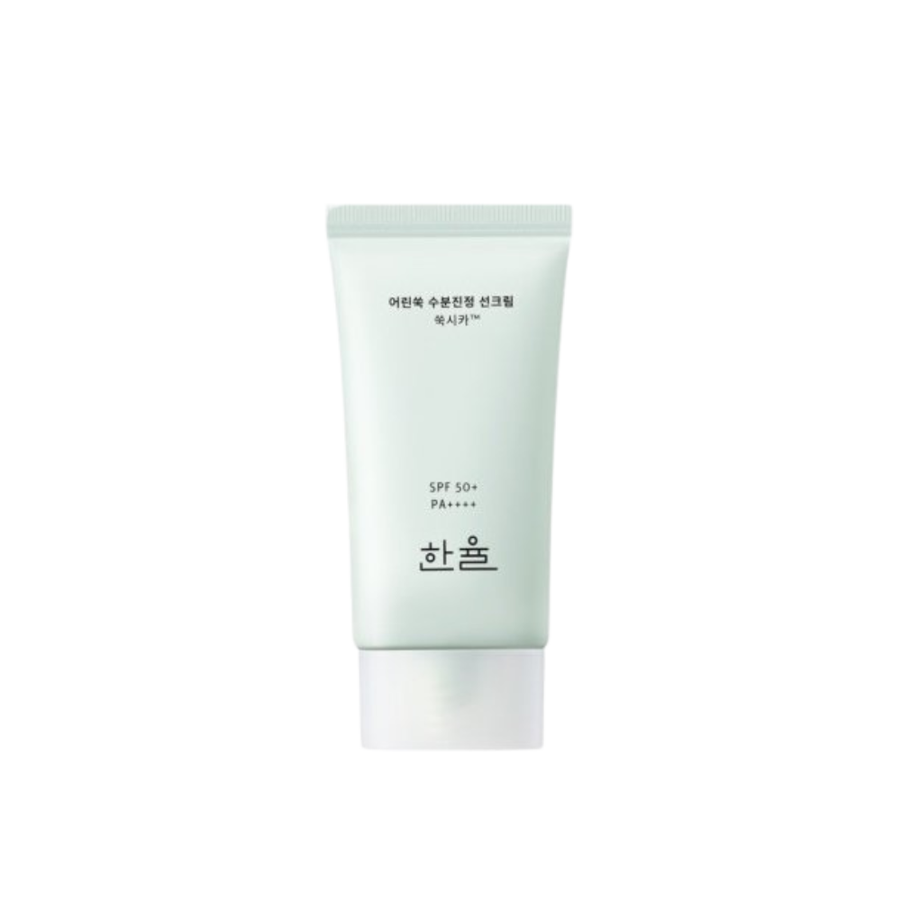 HANYUL Pure Artemisia Watery Calming Sun Cream 50ml, a soothing sunscreen for sensitive skin, providing hydration and protection.