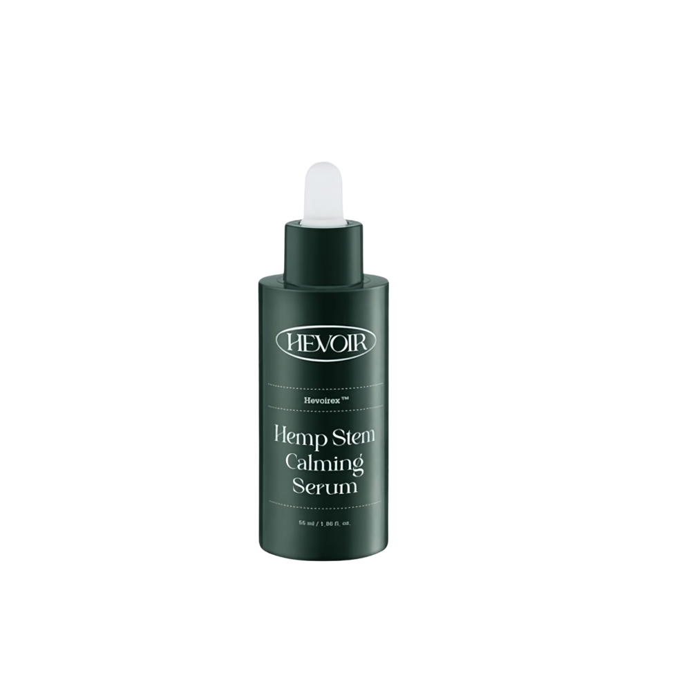 HEVOIR Hemp Stem Calming Serum 55ml bottle with green label and dropper, isolated on white background.