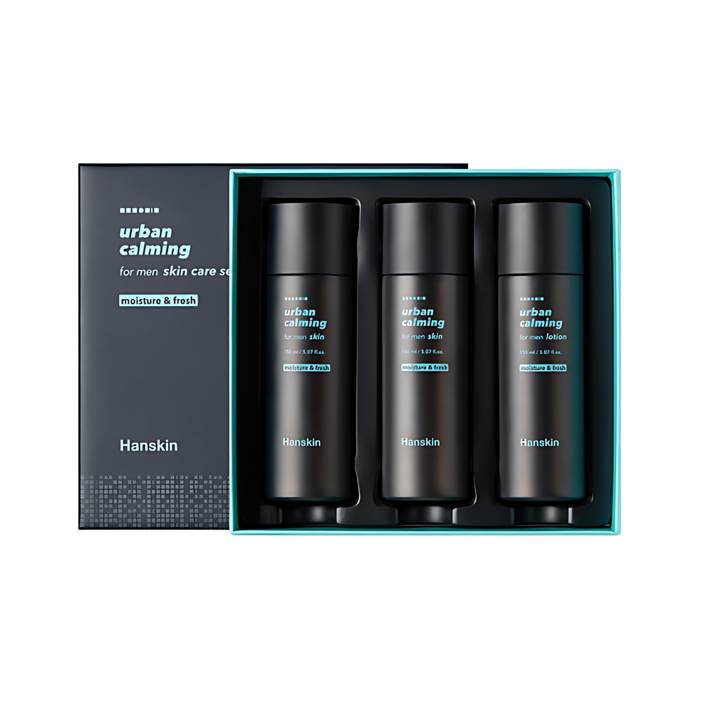 Hanskin Urban Calming For Men Skincare Set: A collection designed to soothe and refresh men's skin in urban environments.