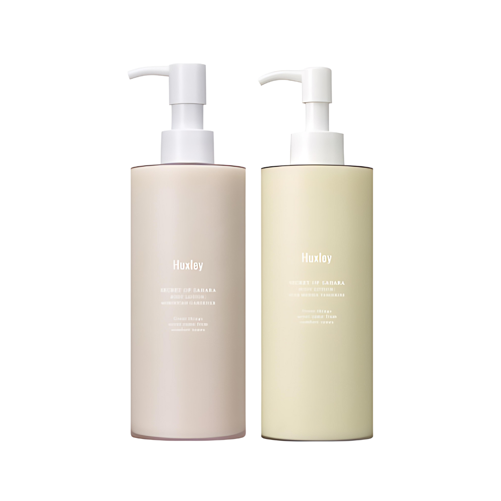 Huxley Body Lotion 300ml bottle featuring a sleek design, ideal for moisturizing and nourishing the skin effectively.