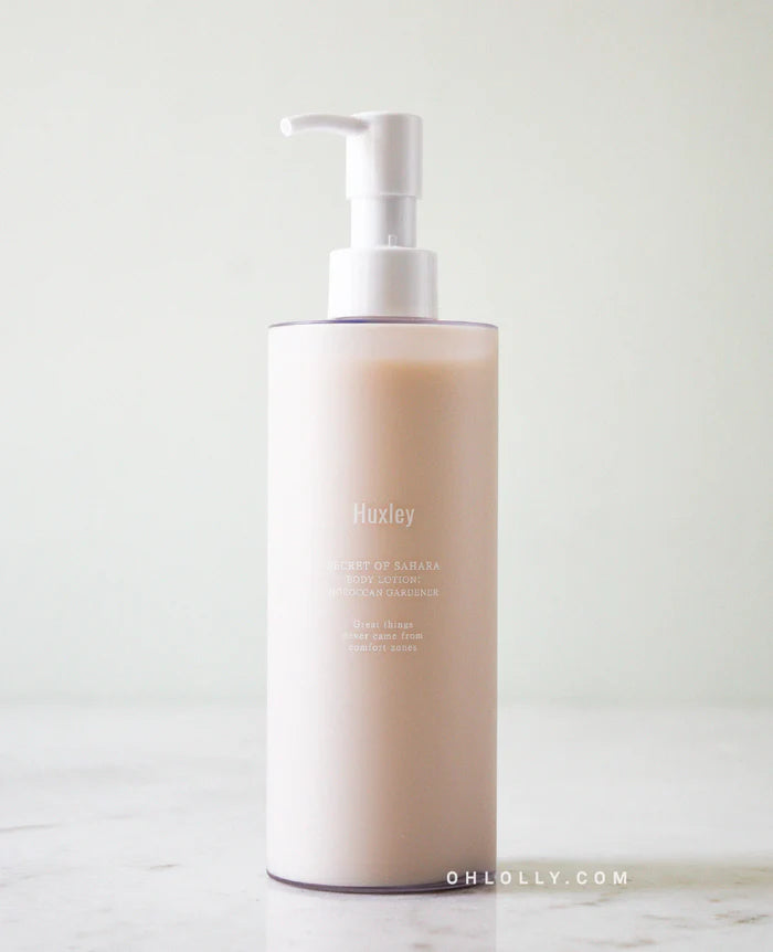 300ml bottle of Huxley Body Lotion, crafted for effective skin hydration and nourishment with a contemporary design.