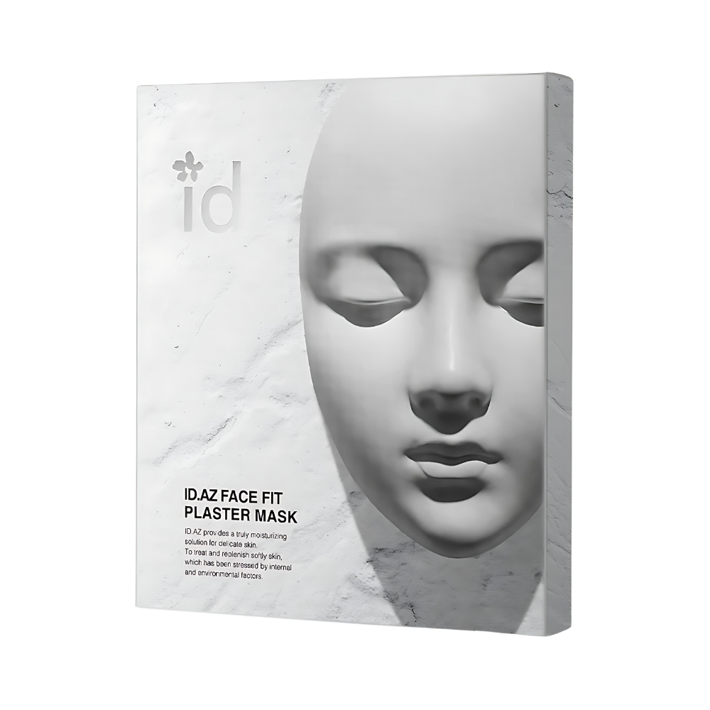 ID.AZ Face Fit Tension Plaster Mask, three boxes containing twelve masks each, designed for facial rejuvenation and care.