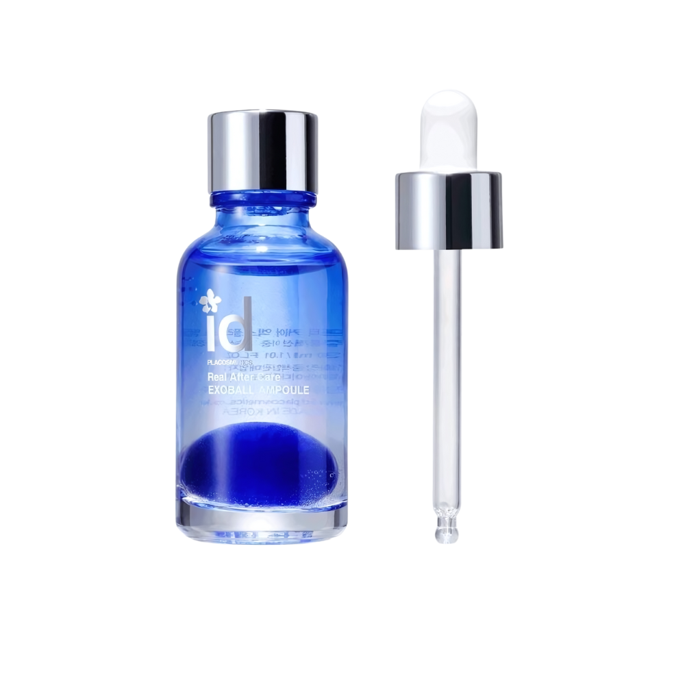 ID Real After Care Exoplus Ampoule 30ml bottle, designed for skin rejuvenation and hydration, featuring a sleek design.