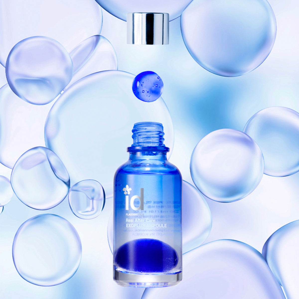 A 30ml bottle of ID Real After Care Exoplus Ampoule, promoting skin health with a modern and elegant packaging.