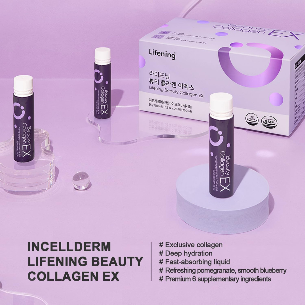 Pink labeled INCELLDERM Lifening Beauty Collagen EX 700ml bottle with silver cap