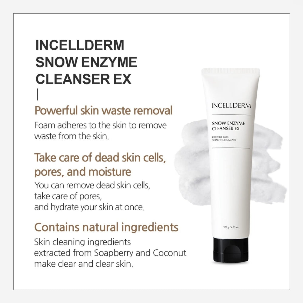 INCELLDERM Snow Enzyme Cleanser 120g - Effectively removes makeup, dirt, and excess oil without stripping the skin of its natural moisture.