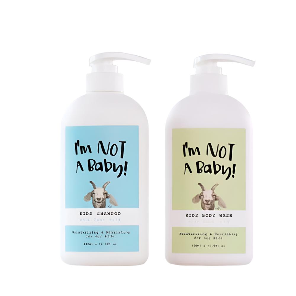 The I'm Not A Baby! Kids Shampoo with Goat Milk 500ml + Kids Body Wash with Goat Milk 500ml Set provides a complete care solution for children’s hair and skin.