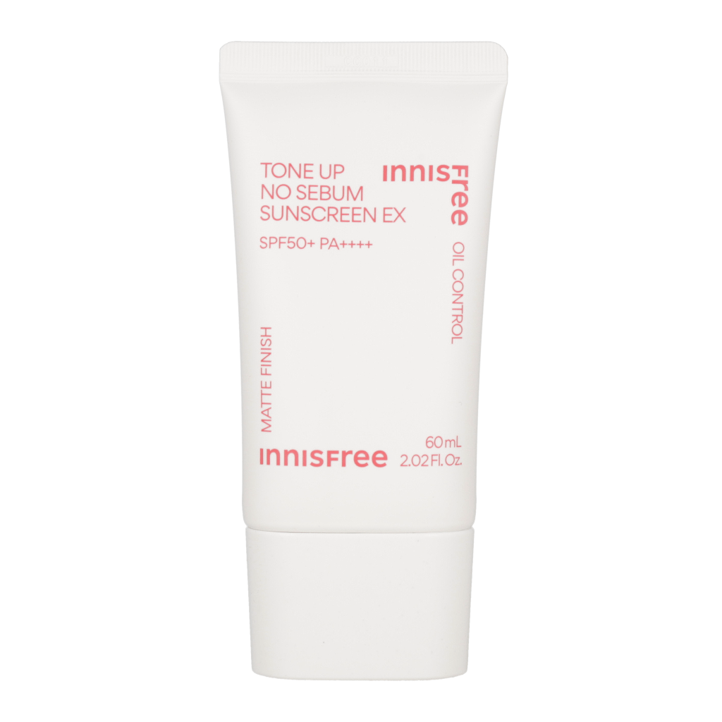 60ml tube of Innisfree Tone Up No Sebum Sunscreen EX SPF50+ PA++++, with white and green packaging.