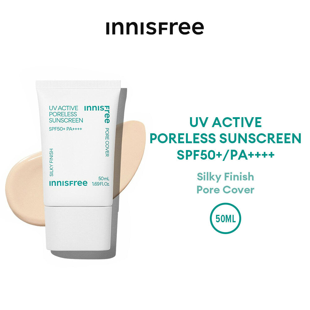 Innisfree UV Active Poreless Sunscreen SPF50+ PA++++ 50ml to shield from UV rays.