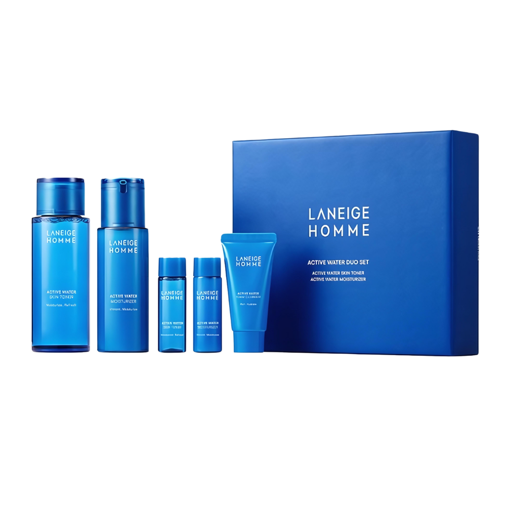 Two types of Laneige Homme Active Water products displayed, showcasing their sleek packaging and hydrating benefits for men.