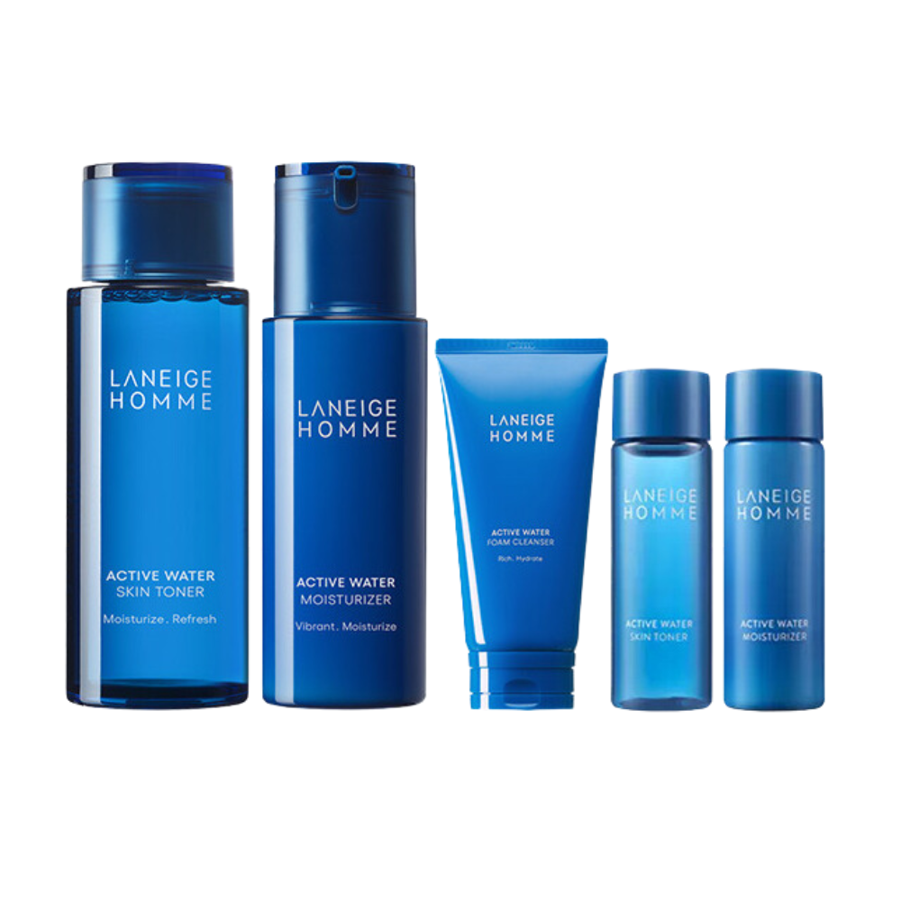 Laneige Homme Active Water in two variations, highlighting their modern design and effectiveness in men's skincare hydration.