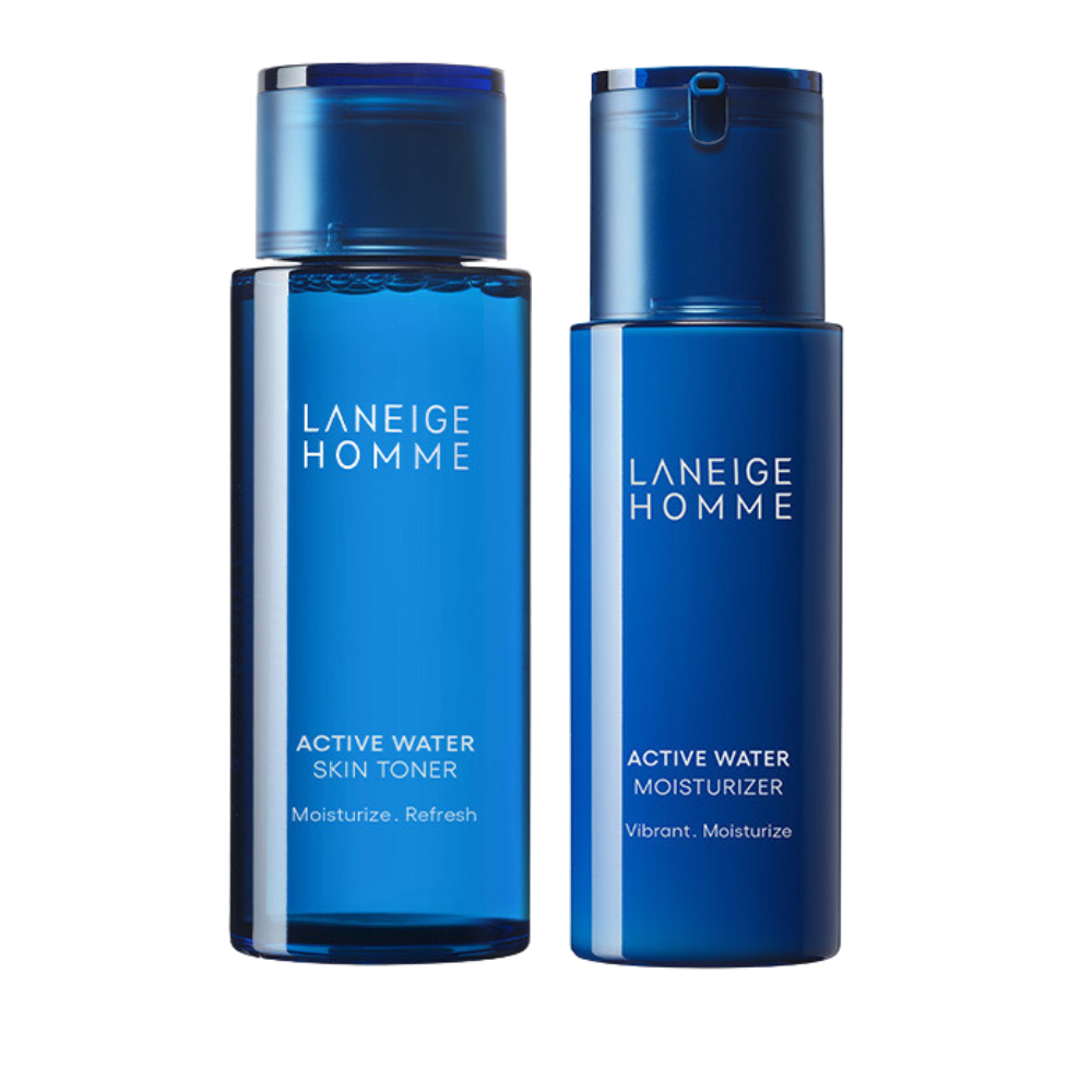 Display of Laneige Homme Active Water in two types, illustrating their contemporary design and focus on men's hydration needs.