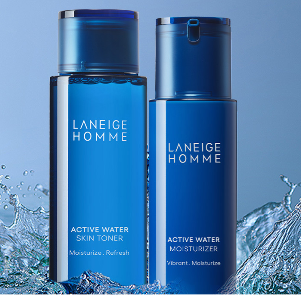 Two distinct Laneige Homme Active Water products, emphasizing their stylish packaging and targeted hydration for men's skin.