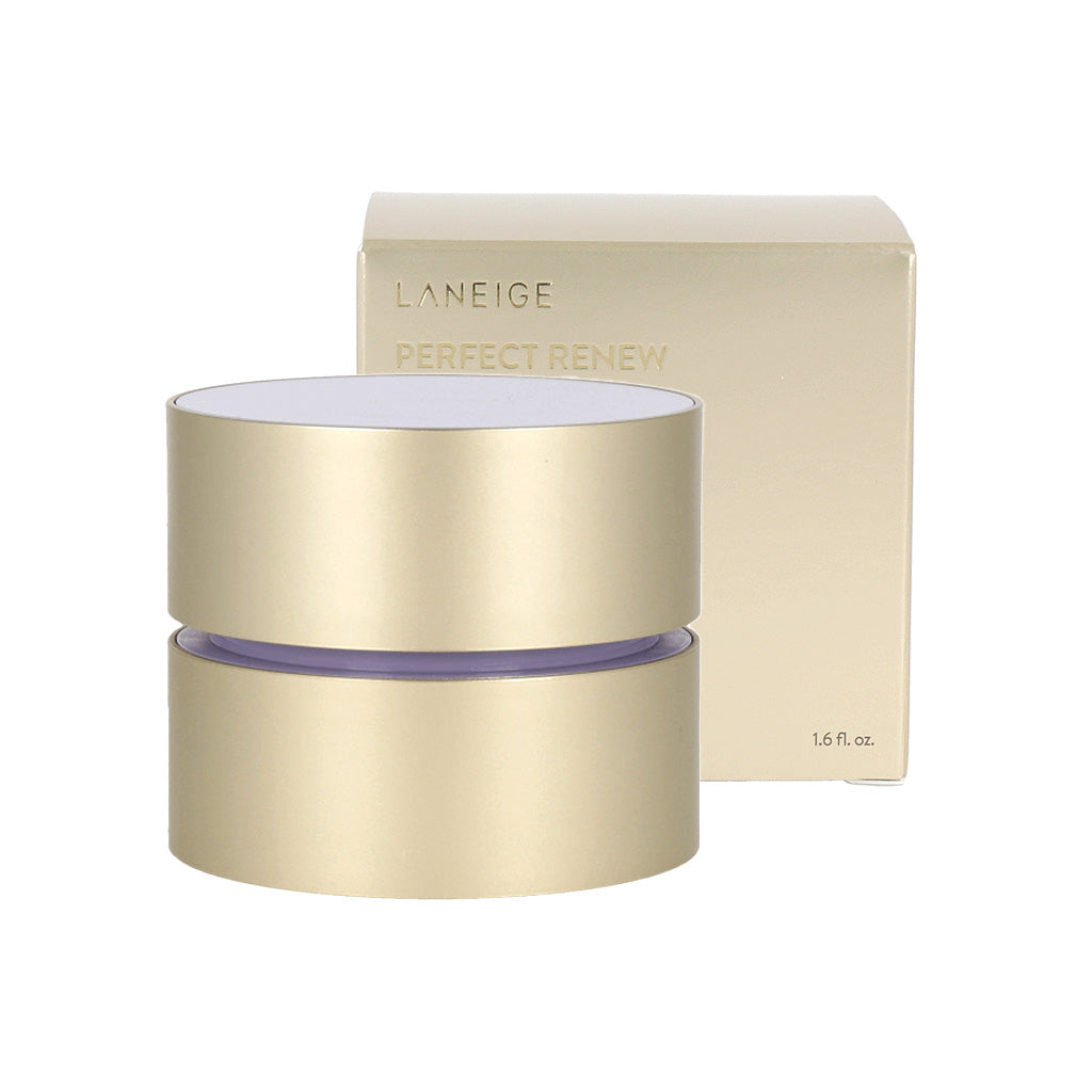 A luxurious gold container, complemented by a purple lid, housing LANEIGE Perfect Renew 3X Cream 50ml.