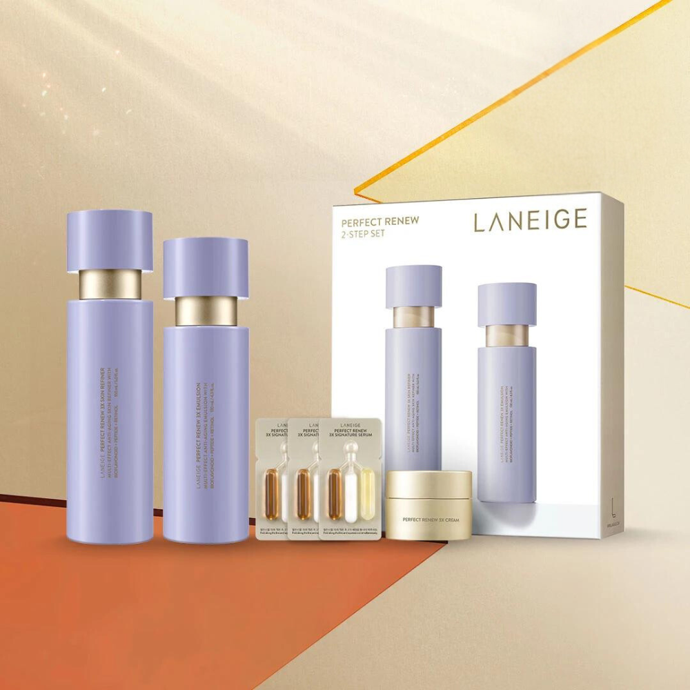  LANEIGE Perfect Renew 3X Set of 2: Two revitalizing skincare items that enhance hydration and promote youthful skin appearance.