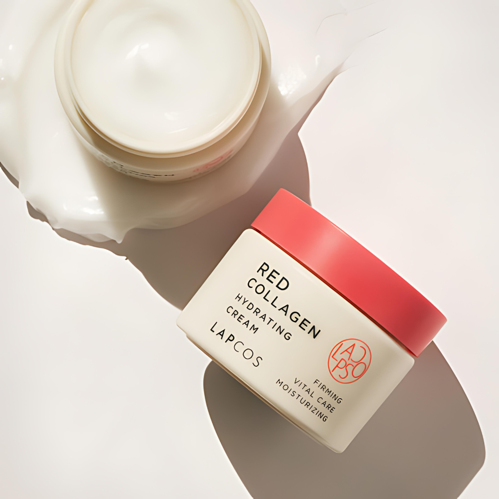 LAPCOS Red Collagen Hydrating Cream 50ml, a red cream container with collagen for hydrating skin.