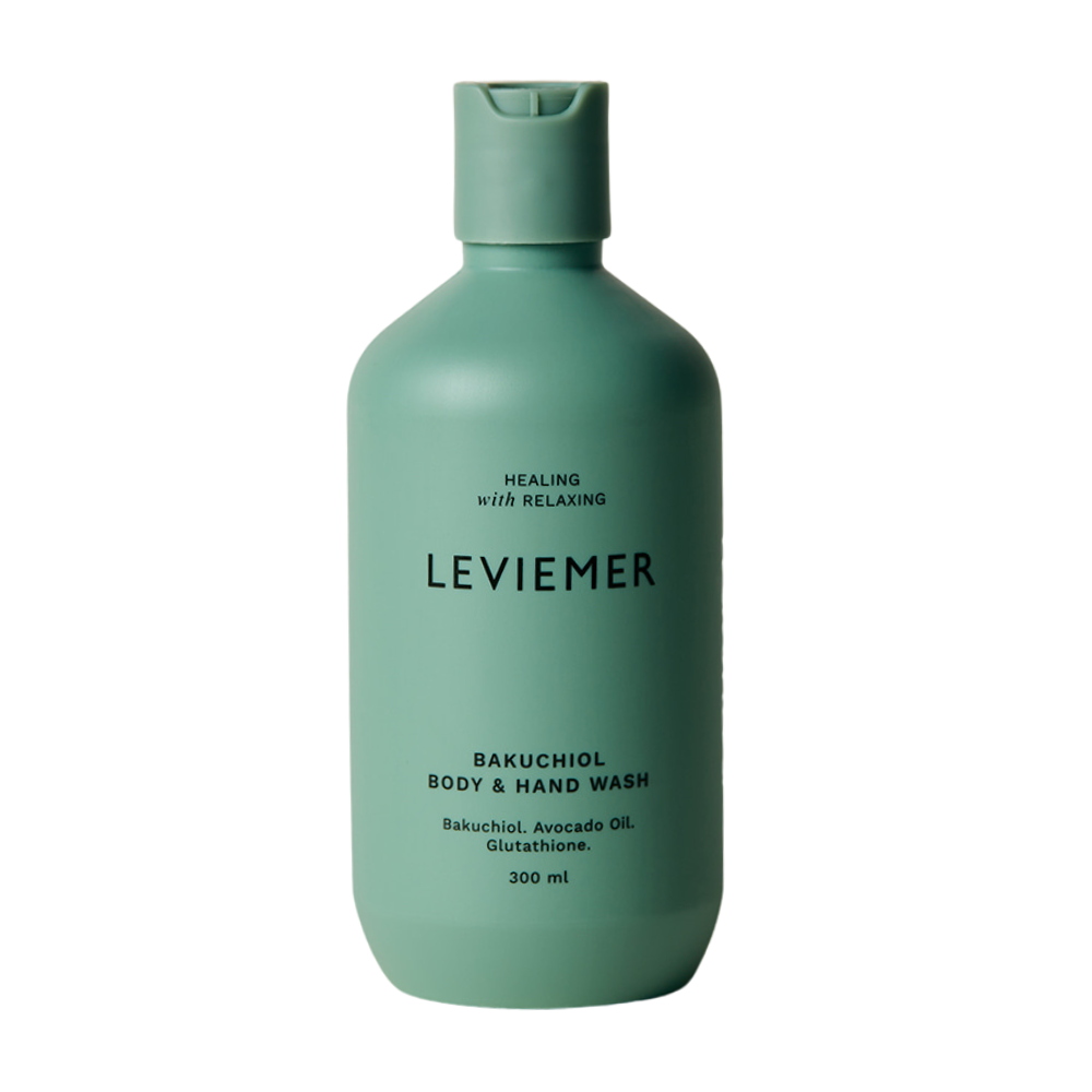 LEVIEMER Bakuchiol Body & Hand Wash 300ml bottle featuring a sleek design, ideal for nourishing skin during cleansing.