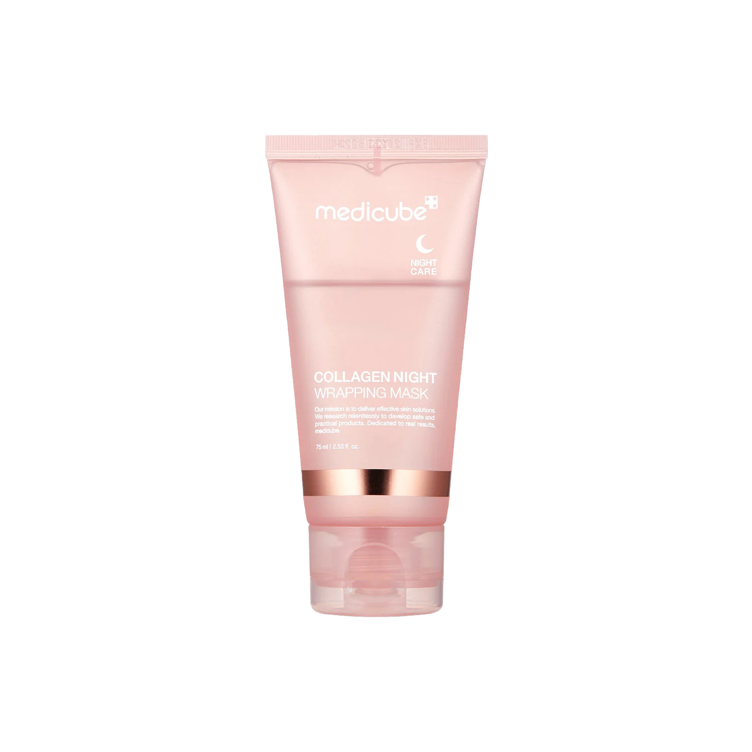 A 75ml tube of MEDICUBE Collagen Night Wrapping Mask, designed to hydrate and rejuvenate skin while you sleep.