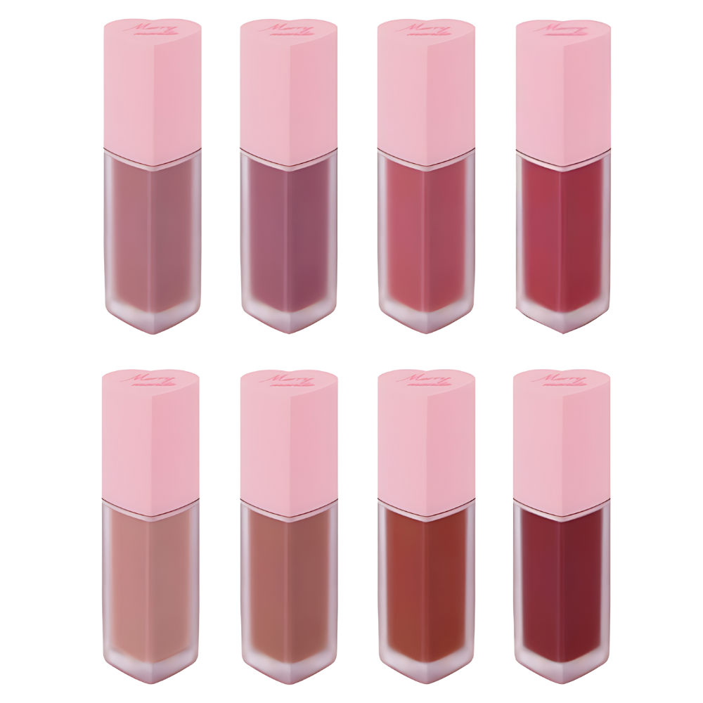 A 5g Merry Monde Cherry Heart Mega Tint, delivering a bold cherry tint for a captivating and stylish lip finish.