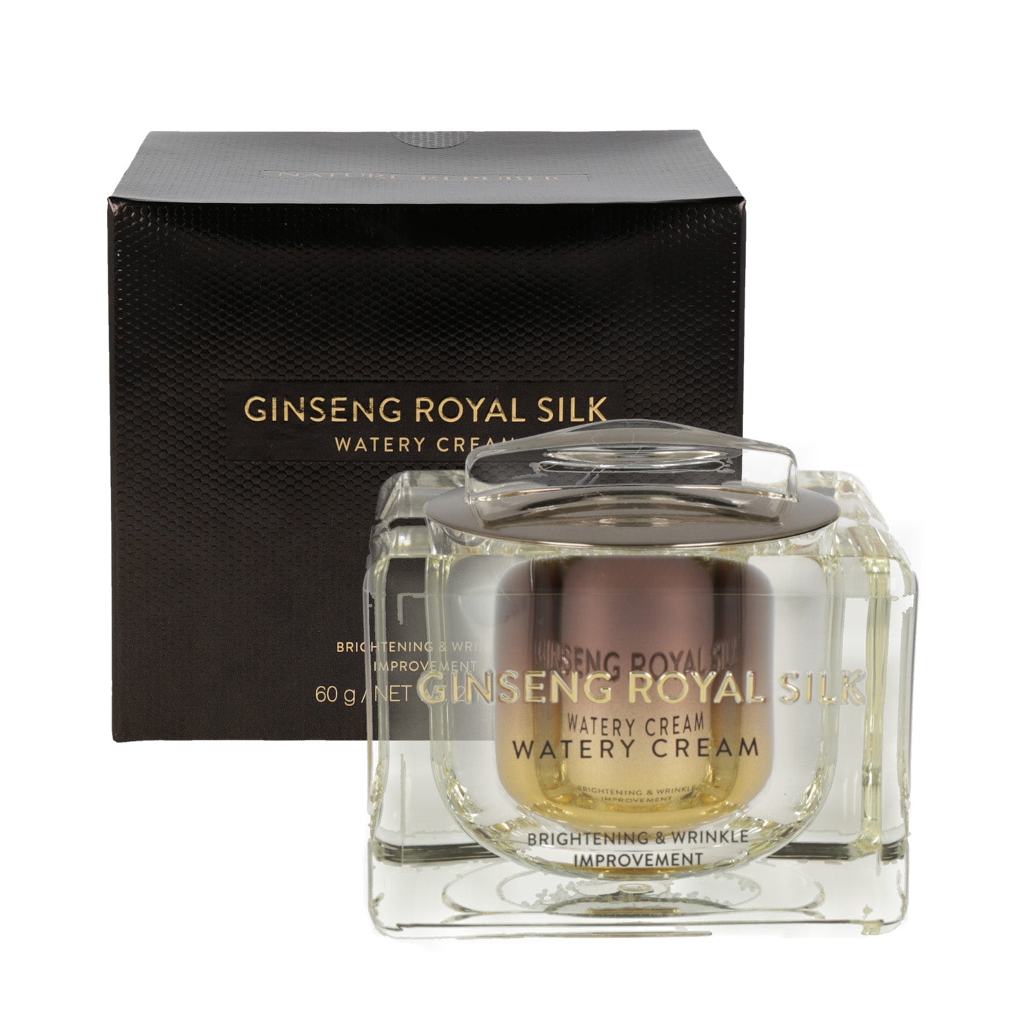 A 60g jar of Nature Republic Ginseng Gold Silk Watery Cream, a luxurious skincare product.