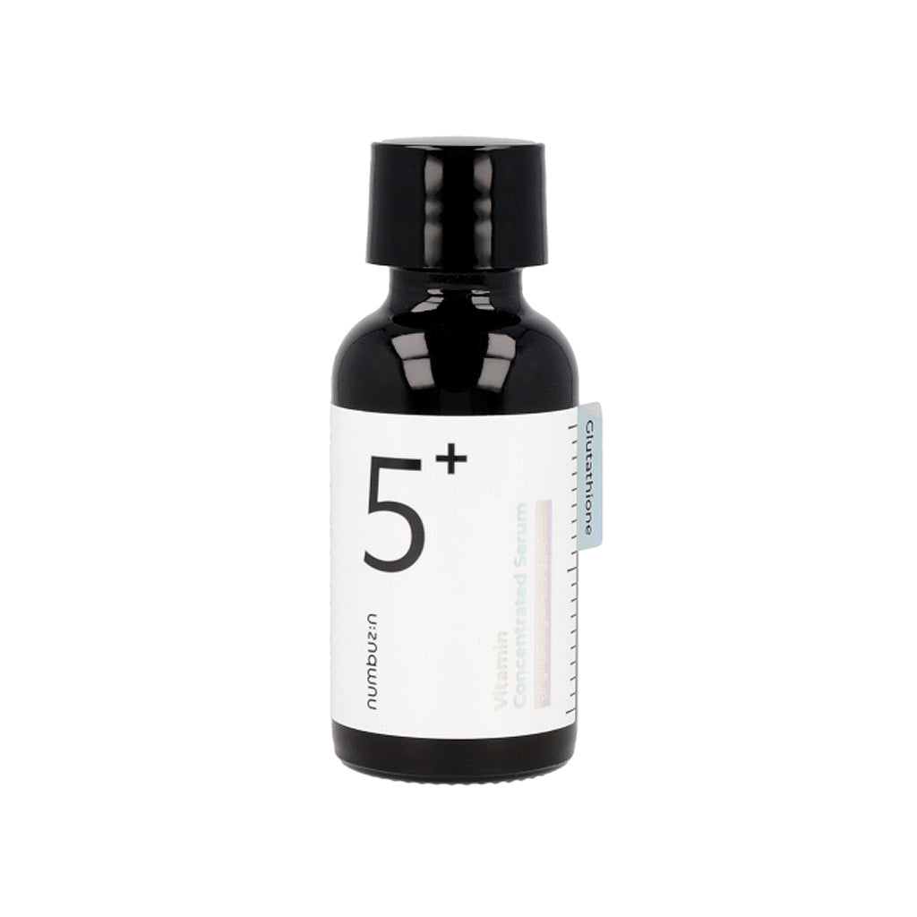 A small black bottle of Numuzin Vitamin Concentrated Serum is shown with a minimalist white label featuring the text "5+" and a small blue tag labeled "Glutathione" on the side.