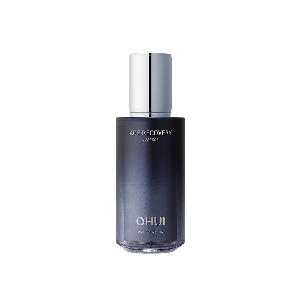 50ml O HUI Age Recovery Essence in a luxurious bottle with gold accents, displayed on a white surface.