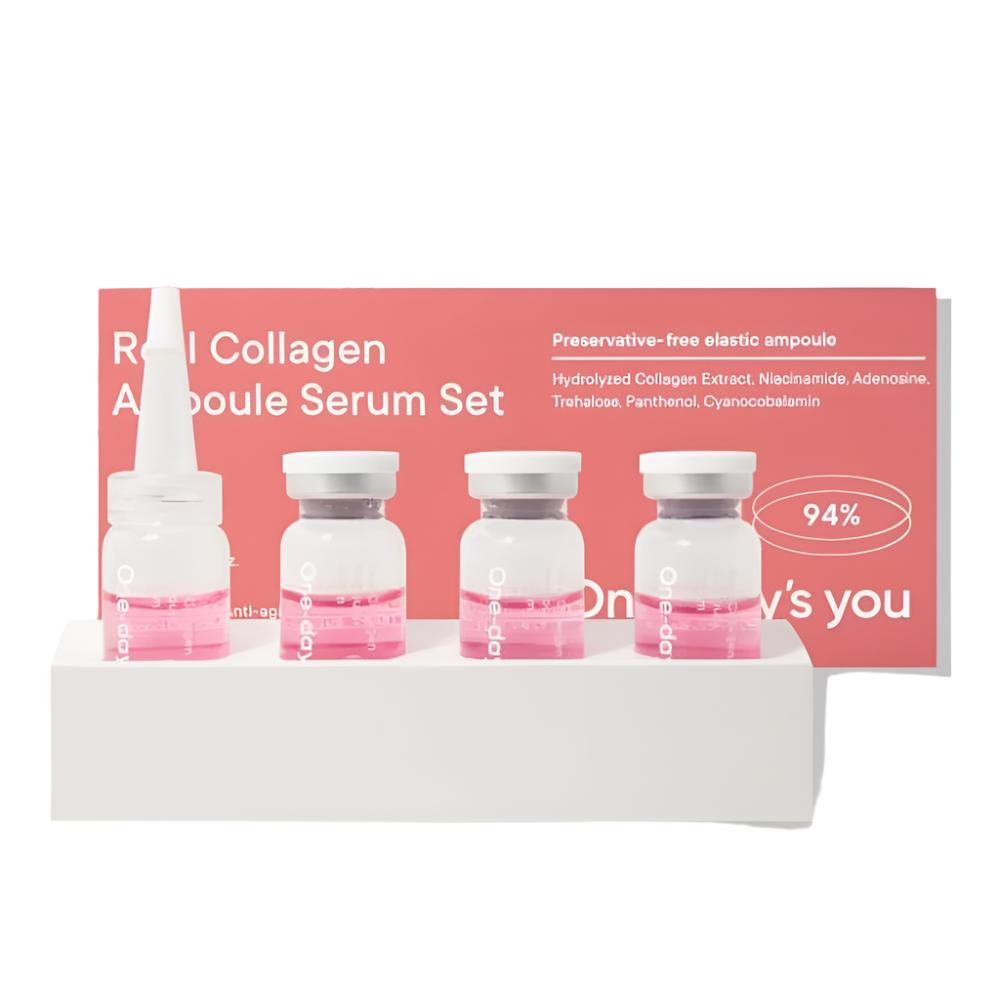 The One-day's you Real Collagen Ampoule Serum Set 4ea is a skincare set featuring ampoule serums formulated to boost collagen levels and improve skin elasticity.