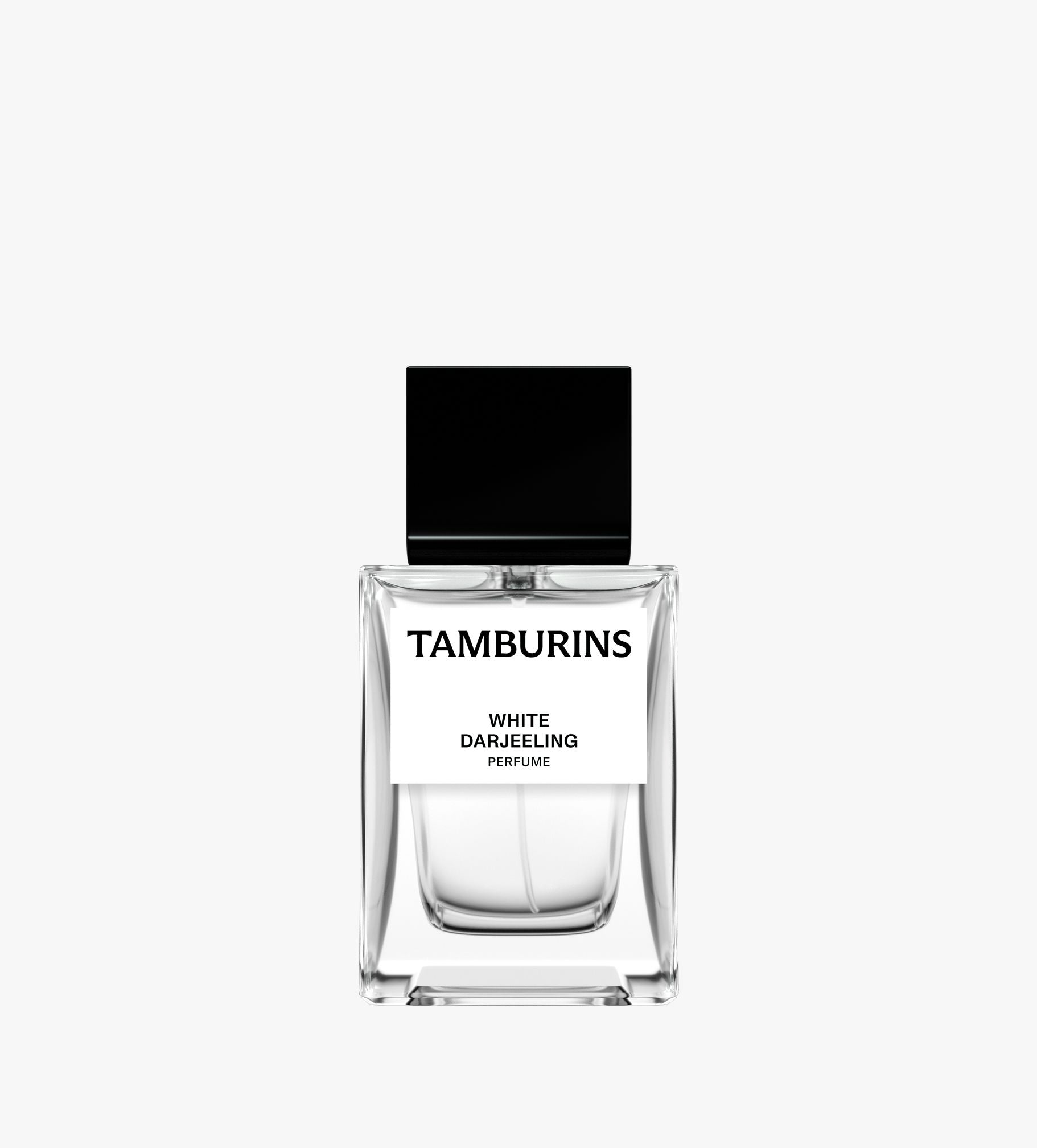 White TAMBURINS Perfume bottle containing Darjeeling fragrance, in 11ml or 50ml options.