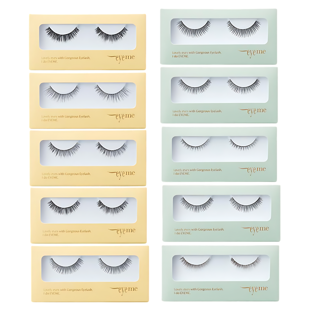 A collection of 10 types of PICCASSO Eyeme Fale Eyelashes, each in a 1g package, showcasing diverse styles for enhanced beauty.