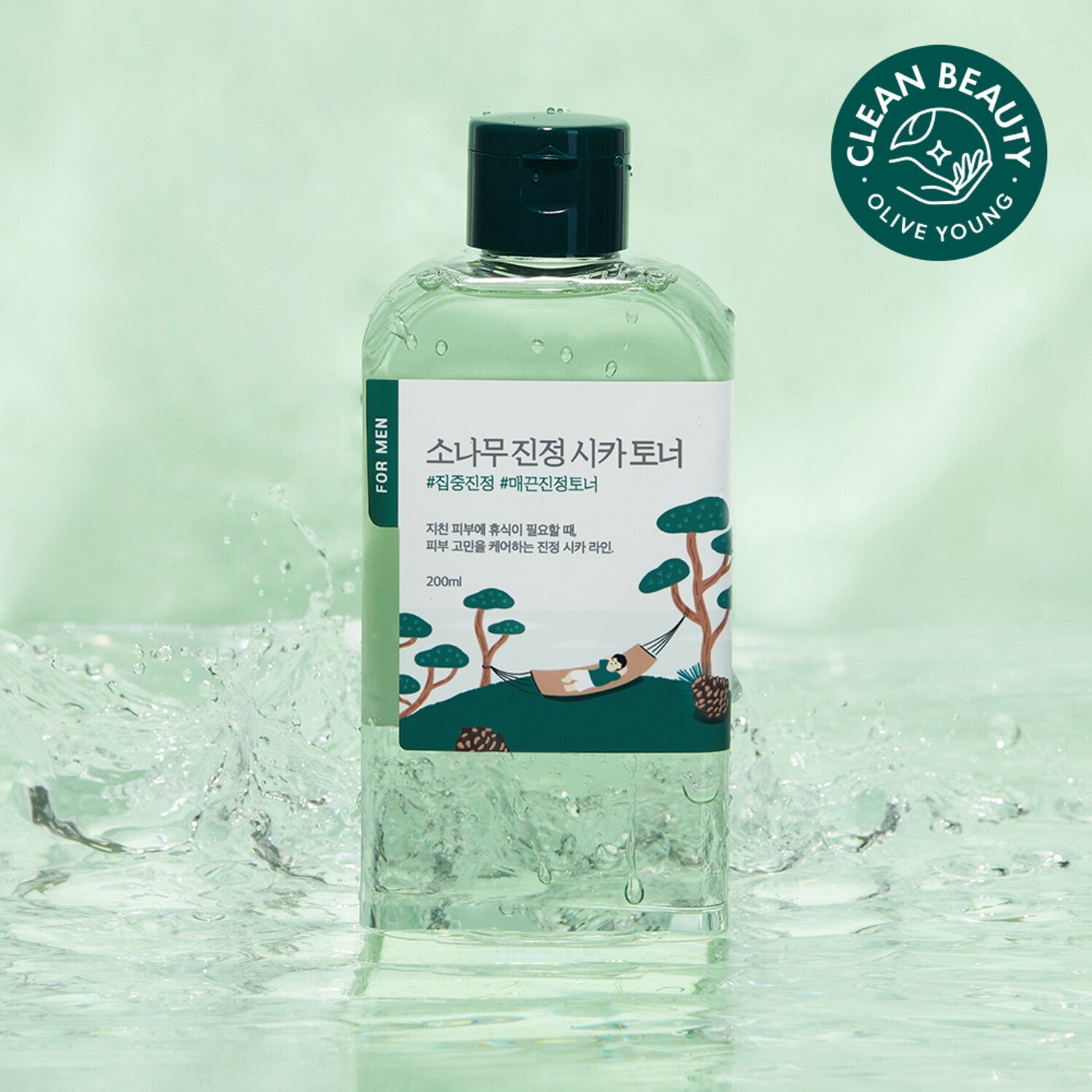 Round Lab For Men Pine Calming Cica Toner 200ml bottle, featuring a calming green and white design.