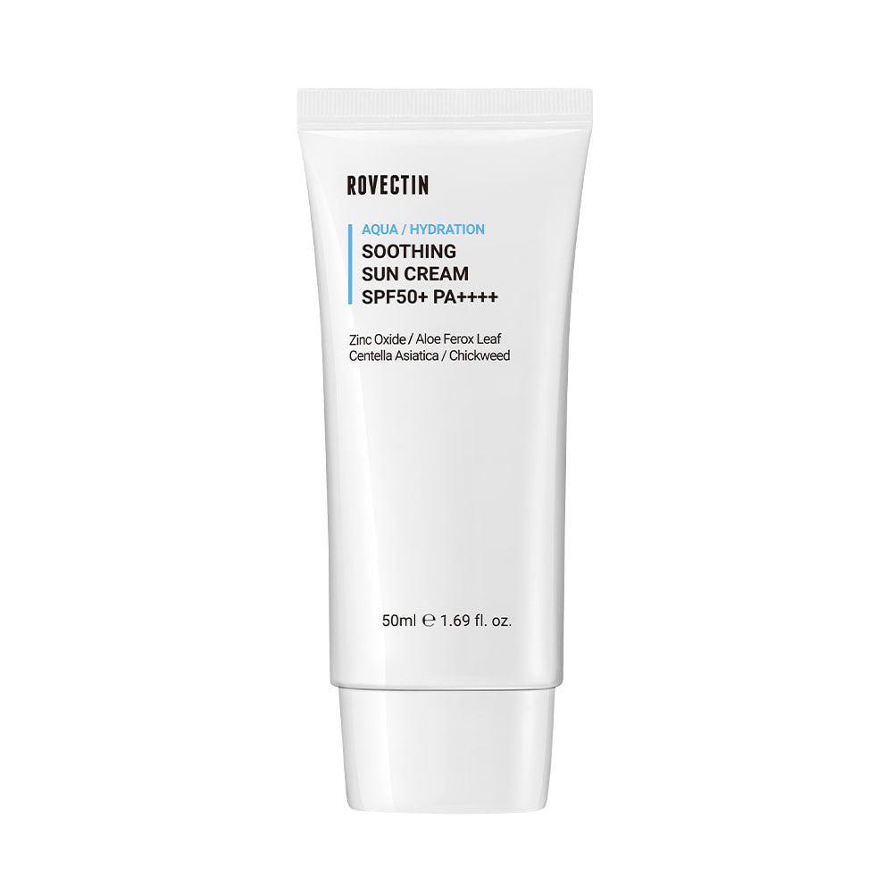 The ROVECTIN Aqua Soothing Sun Cream SPF50+ PA++++ is a high-protection sunscreen designed to provide effective sun protection while soothing and hydrating the skin