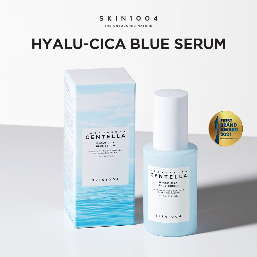 50ml SKIN1004 Madagascar Centella Hyalu-Cica Blue Serum in blue bottle with dropper.