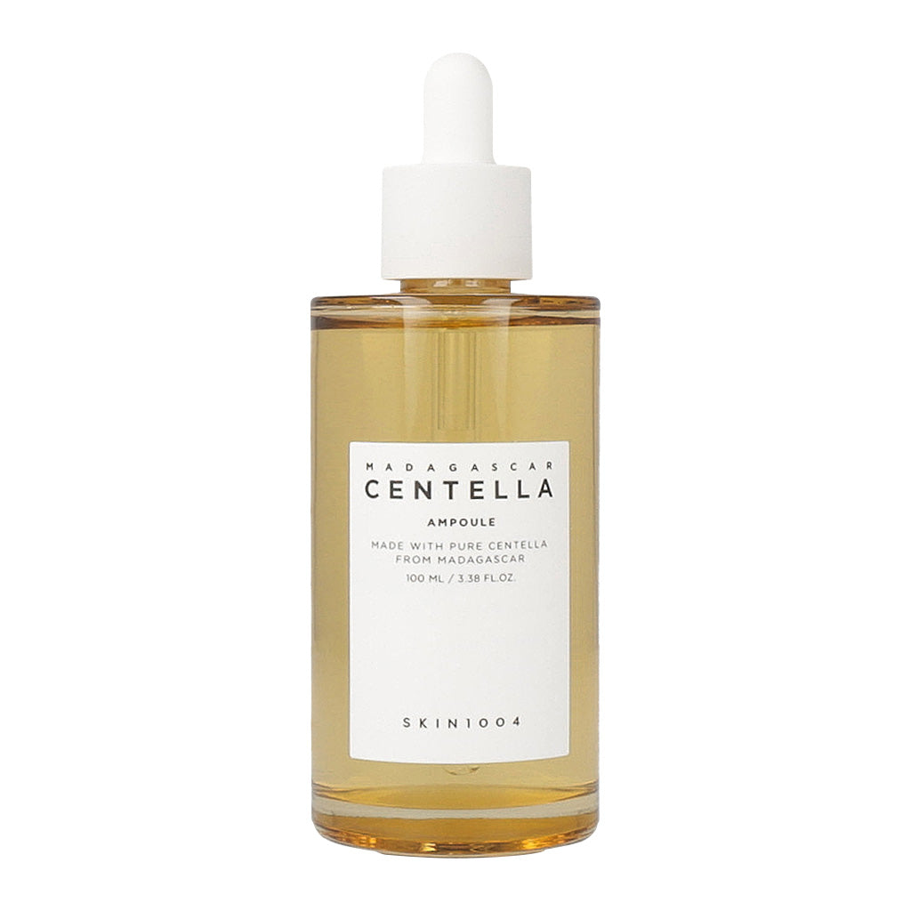 A 100ml bottle of SKIN1004 Madagascar Centella Ampoule, a skincare product known for its soothing and healing properties.