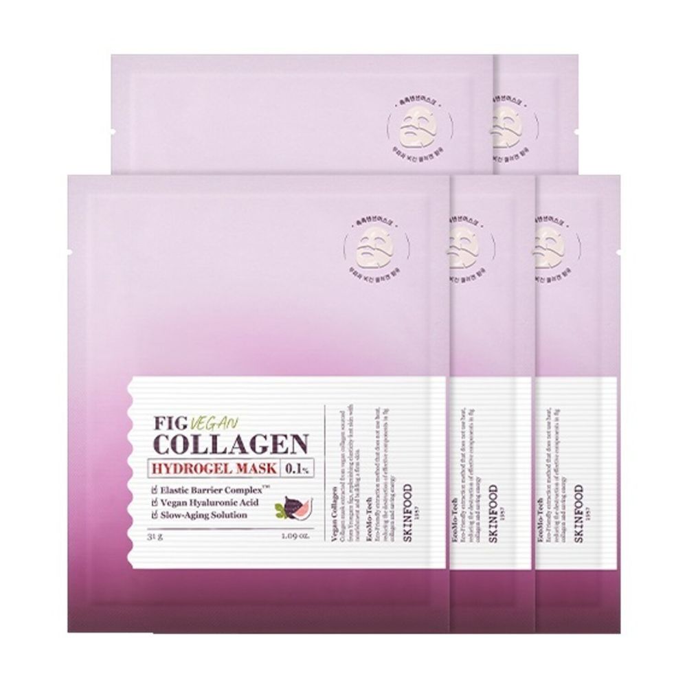 The SKINFOOD Fig Vegan Collagen Hydrogel Mask Sheet (5ea) is a nourishing mask designed to boost skin elasticity and hydration. 