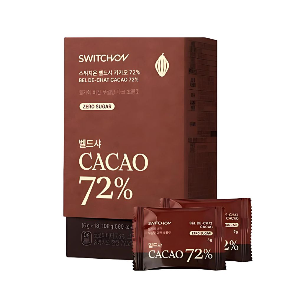 Delight in the rich and intense flavor of SWITCHON Belgium Bel De-Chat Cacao 72% chocolate.